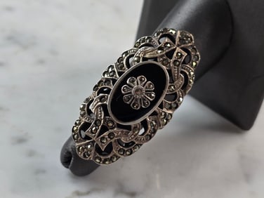 Womens Vintage Estate Sterling Silver Art Deco Onyx Ring