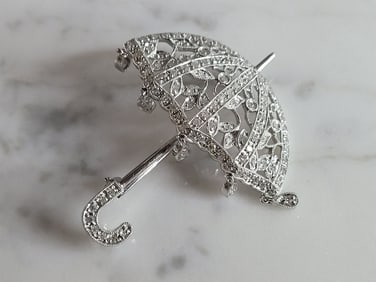 Women Vintage Estate 14k White Gold Diamond Parasol Umbrella Brooch
