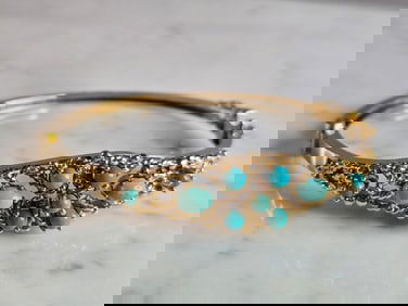 Womens Vintage Estate 14K Yellow Gold Turquoise Bangle Bracelet