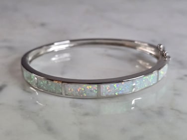Womens Estate Sterling Silver Modernist Opal Bangle Bracelet