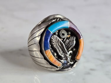 Mens Vintage Sterling Silver Southwestern Turquoise Eagle Ring