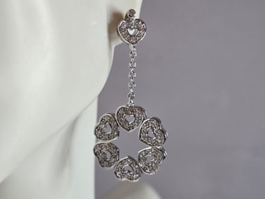 Womens Vintage Estate Sterling Silver CZ Dangle Heart Earrings
