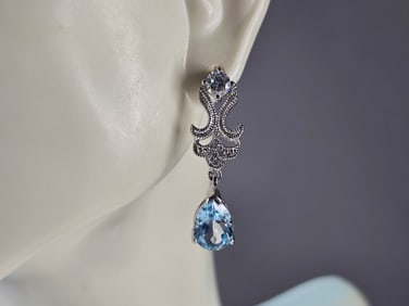 Womens Vintage Estate Sterling Silver Modernist Topaz CZ Earrings