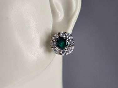 Womens Vintage Estate Sterling Silver Emerald CZ Stud Earrings