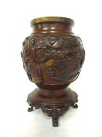 ANTIQUE CHINESE BRONZE CENSER URN VASE W/ CRANES