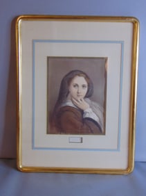 ANTIQUE HAND PAINTED ENGRAVING OF WOMAN ANDREE