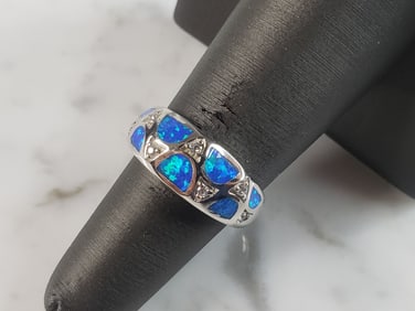 Womens Estate Sterling Silver Modernist Blue Opal & CZ Ring