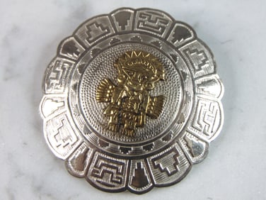 Womens Vintage Estate Sterling Silver & 18k Gold Mayan Inca Brooch