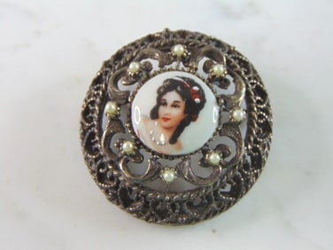 Womens Sterling Silver Hand Painted Porcelain Brooch