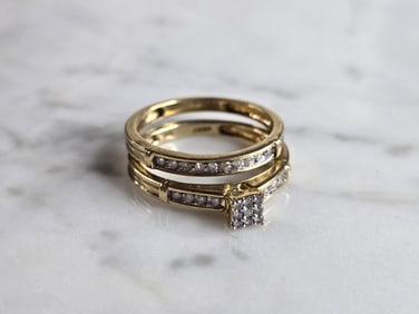 Womens Vintage Estate 10K Yellow Gold Diamond Engagement Ring Set