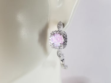 Womens Vintage Estate Sterling Silver Pink Opal Stone Earrings