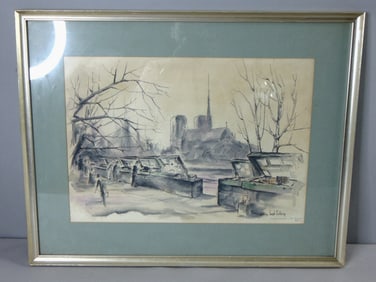 Vintage Signed William Joseph Eastman Watercolor Book Stalls in Paris