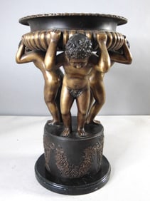 Bronze Compote of Three Boys Holding A Tray On Marble Base