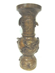 ANTIQUE CHINESE BRASS FLOOR VASE W/ DRAGON CRANES