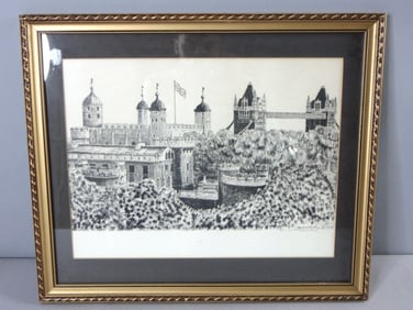 Vintage Artist Signed Bernard Smith Pen Sketch Lithograph Tower Bridge