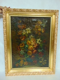 19TH C. ANTIQUE OIL ON CANVAS FLORAL PAINTING
