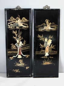 Pair Of Vintage Estate Japanese Wooden Panels Wall Decor