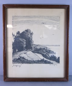 Vintage Estate Artist Signed Framed Landscape Drawing