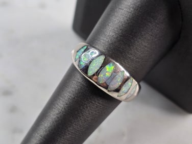 Womens Sterling Silver Modernist Opal Band Ring