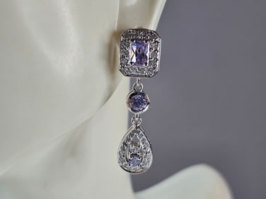 Womens Vintage Estate Sterling Silver CZ Dangle Earrings