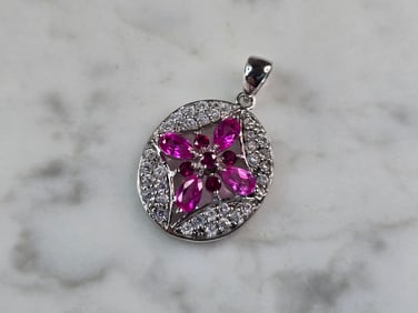 Womens Estate Sterling Silver Modernist CZ Floral Pendant