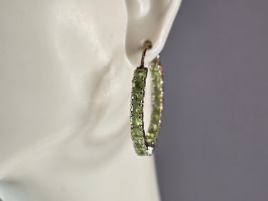 Womens Vintage Estate Sterling Silver Peridot Hoop Earrings