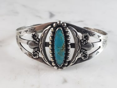 Womens Vintage Estate Sterling Silver Southwestern Turquoise Cuff Bracelet