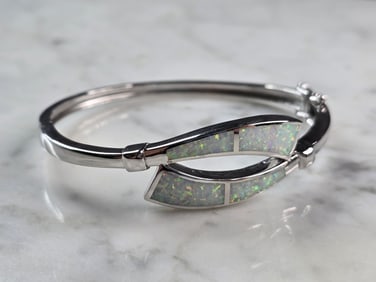 Womens Sterling Silver Modernist Opal Bangle Bracelet