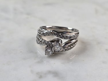 Womens Vintage Estate 14K White Gold Diamond Engagement Ring Set