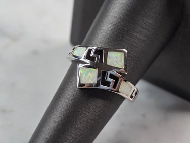 Womens Sterling Silver Modernist Greek Key Opal Ring