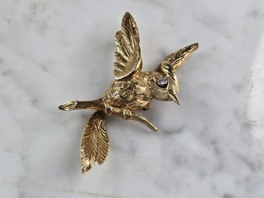 Womens Vintage Estate 14K Gold Diamond Bird Brooch
