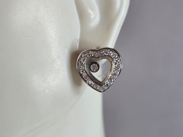 Womens Vintage Estate Sterling Silver CZ Heart Earrings