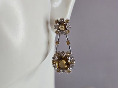 Womens Estate Sterling Silver Citrine Stud Dangle Earrings