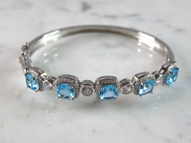 Womens Vintage Estate Sterling Silver Topaz CZ Bangle Bracelet