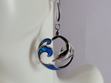 Womens Sterling Silver Modernist Blue Opal Dolphin Earrings