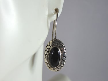 Womens Vintage Estate Sterling Silver Onyx Earrings