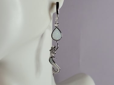 Womens Sterling Silver Opal Mermaid Earrings