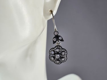 Womens Vintage Estate Sterling Silver Flower CZ Dangle Earrings