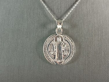 Womens Sterling Silver Religious St Benedict Cross Pendant Necklace