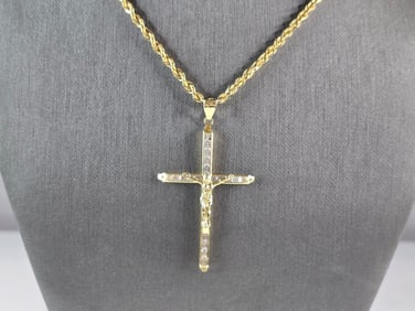 Vintage Estate 10k Gold Jesus Cross Pendant w/ Rope Necklace