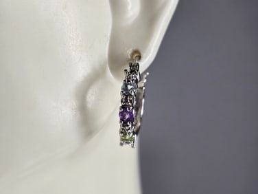 Womens Estate Sterling Silver Multi Stone Hoop Earrings