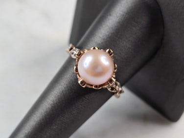 Womens Vintage Estate Sterling Silver Rose Gold Tone Faux Pearl Ring