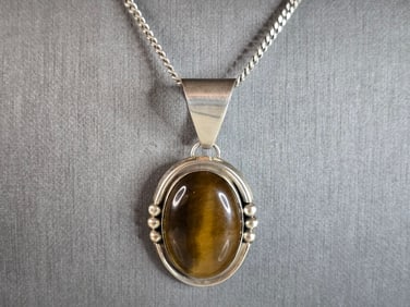 Womens Vintage Estate Sterling Silver Tiger's Eye Pendant Necklace