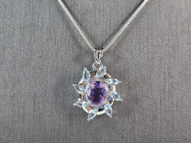 Womens Estate Sterling Silver Amethyst Topaz Pendant Necklace