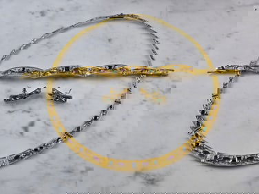 Womens 18k Gold Emerald Sapphire Necklace Bracelet Earring Set