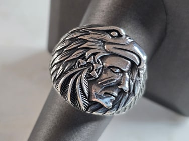 Mens Estate Sterling Silver Eagle Chief Head Ring