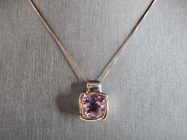 Womens Sterling Silver 14K Gold Amethyst Pendant W/ Necklace