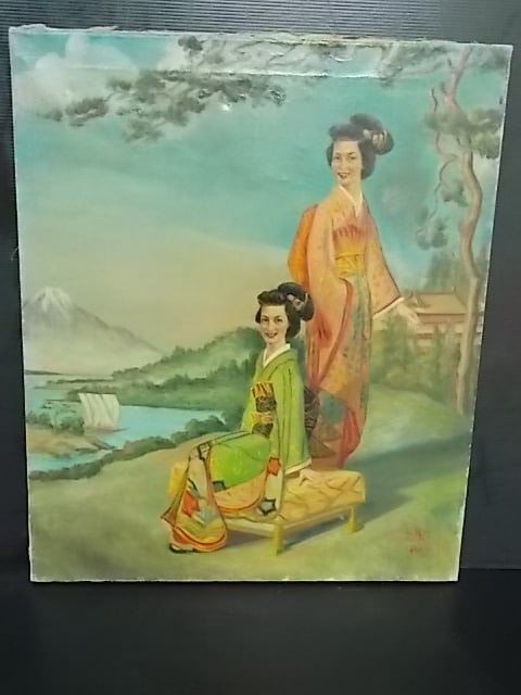 ANTIQUE ARTIST SIGNED CHINESE JAPANESE GEISHA PAINTING (1 of 2)