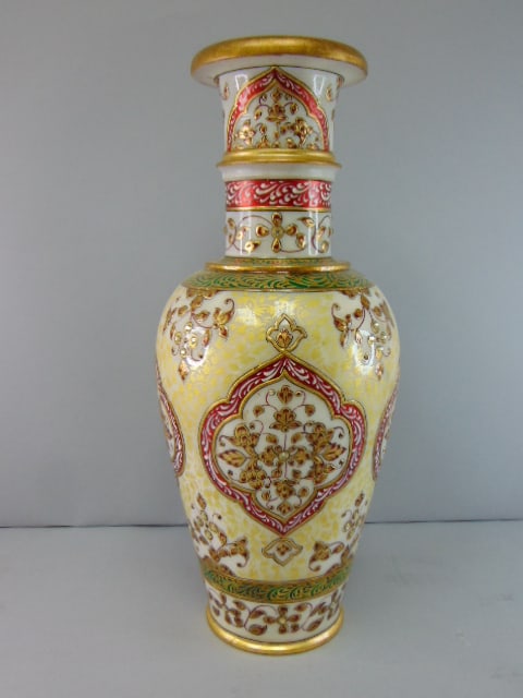 Decorative Hand Painted Natural Marble Vase: UP FOR SALE IS THIS WONDERFUL, DECORATIVE MARBLE VASE THAT HAS BEEN HOLLOWED OUT FROM A SOLID PIECE OF MARBLE, HAND PAINTED WITH JEWEL TONE COLORS AND GOLD LEAF PAINT, AND THEN ACCENTED WITH SPARKLING