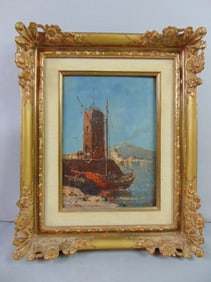 ANTIQUE FRENCH OIL ON WOOD SEASCAPE PAINTING